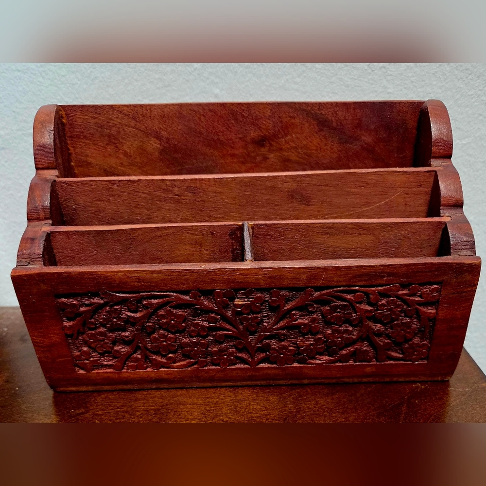 Vintage Wooden Carved Mail Organizer